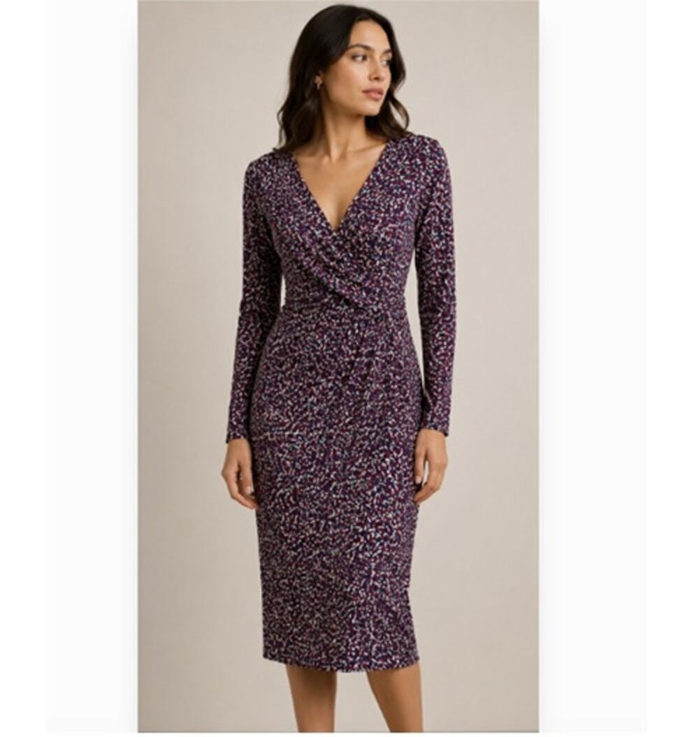 Tory Burch Dress Womens Small Burgundy Confetti Print 100% Silk Ruched - Picture 1 of 9